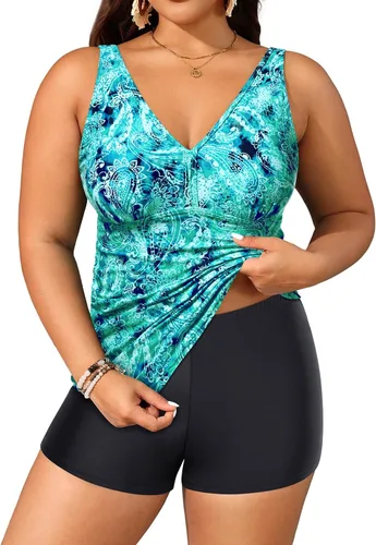 Vista 21 de Yonique Trajes de baño de talla grande para mujer con shorts, control de abdomen, tankini de dos piezas, traje de baño deportivo Aqua y flor azul