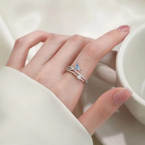 Vista 2 de Delicado anillo abierto de cola de sirena para mujer, circonita cúbica, cola de pez azul, doble capa, ajustable, apilables, anillos de compromiso