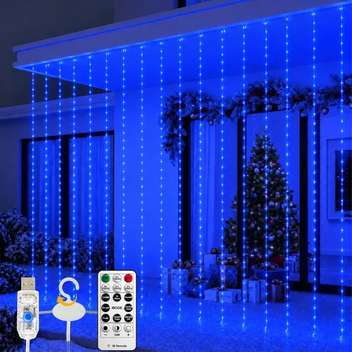 Vista 10 de HXWEIYE - Tira de 300 luces LED, cortina de guirnaldas navideñas con enchufe USB, 8 modos, control remoto para decoración de pared, fondo de Rojo