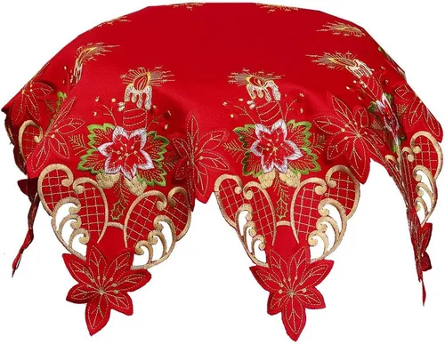 Vista 2 de Grelucgo Mantel pequeño bordado rojo navideño (octágono, 33 pulgadas)