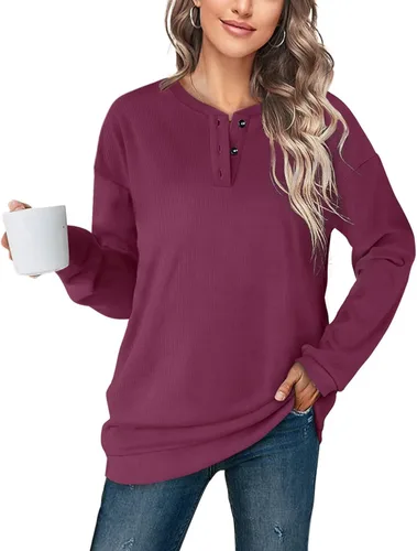Vista 2 de OFEEFAN - Sudaderas casuales para mujer, túnica de manga larga con botones, estilo Henley