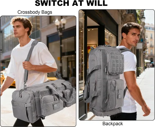 Vista 5 de LHI Bolsa de lona táctica de 50 L para hombres, bolsa de lona y mochila 3 en 1, compartimento para zapatos, funda para laptop y MOLLE, bolsa