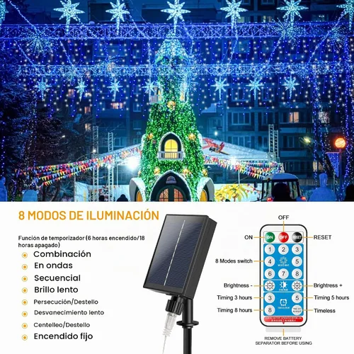 Vista 5 de Luces de carámbano de Navidad con control remoto, 300 luces LED solares para cortina Azul blanco