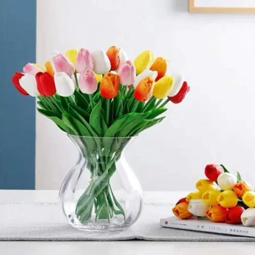 Vista 3 de Tulipanes artificiales de 12 piezas, de tacto real, tulipanes falsos de poliuretano, arreglo floral en ramo para decoración de fiesta en el hogar