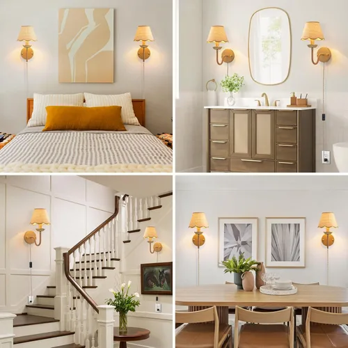Vista 4 de Aplique de Pared de Ratán, Lámpara de Pared Boho Tejida a Mano en Oro, Iluminación de Aplique de Ratán Moderna y Rústica, Lámparas de Pared
