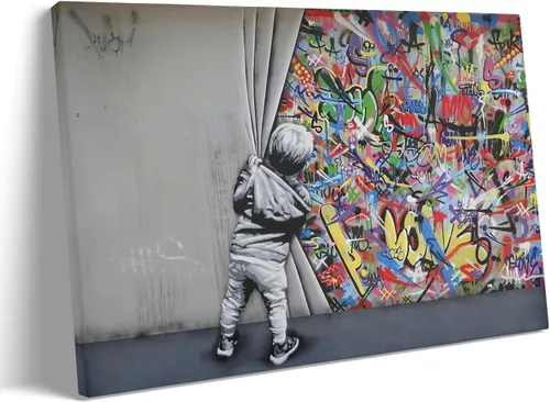 Vista 2 de MGSBCXN Arte de Pared en Lienzo Colorido Graffiti Banksy Póster Impresiones Un Niño Detrás de la Cortina Imagen Obra de Arte Abstracto Arte