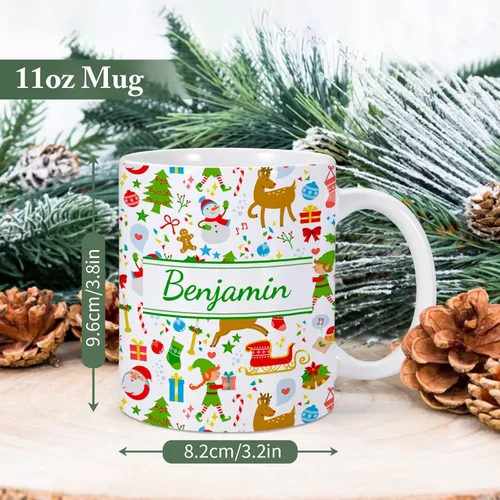 Vista 3 de Taza de cerámica de Navidad personalizada para niños, niñas, adultos con nombre personalizado, tazas de café de chocolate caliente, taza de té de 11