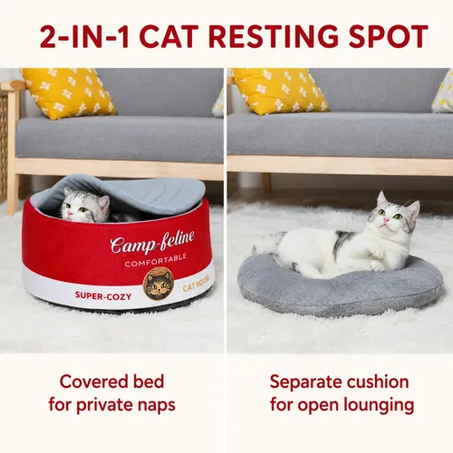 Vista 5 de PECHVINO Cama para gatos en forma de lata con funda de privacidad, cómodo cojín para gatos y perros pequeños