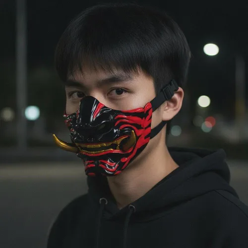 Vista 4 de Máscara de media cara de samurái japonés, máscara de cosplay de Hannya Oni para fiesta de Halloween, accesorios de cosplay