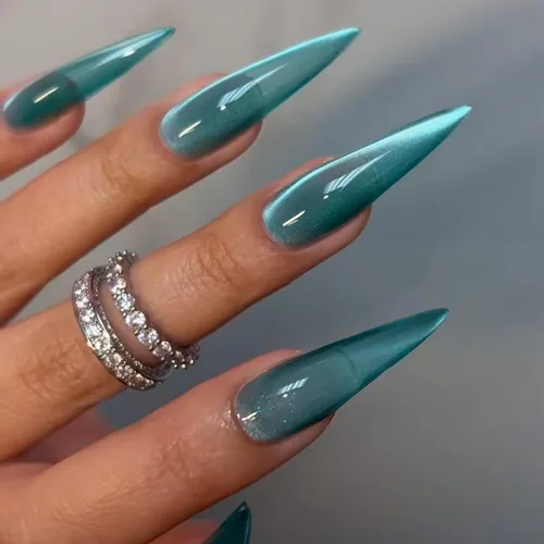 Vista 27 de Uñas postizas rojas de tamaño mediano en forma de almendra, uñas acrílicas brillantes con diseño de purpurina, uñas artificiales de cobertura a001