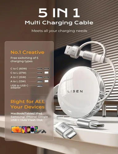 Vista 2 de LISEN Cable de carga retráctil 5 en 1, cable de carga múltiple de 60 W con puertos USB-C/A/L, cargadores retráctiles para múltiples dispositivos