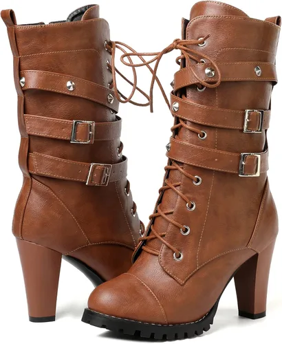 Vista 25 de Susanny Botas de tacón alto para mujer, Botas de plataforma con tacón sexy de puntera redonda con agujetas, tacón alto, botas de media pantorrilla