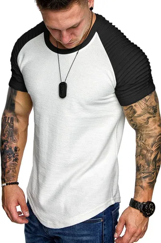 Vista 23 de COOFANDY Camiseta Muscular para Hombre de Manga Raglán Plisada Camiseta de Culturismo para Gimnasio Manga Corta Camisas de Entrenamiento de Moda