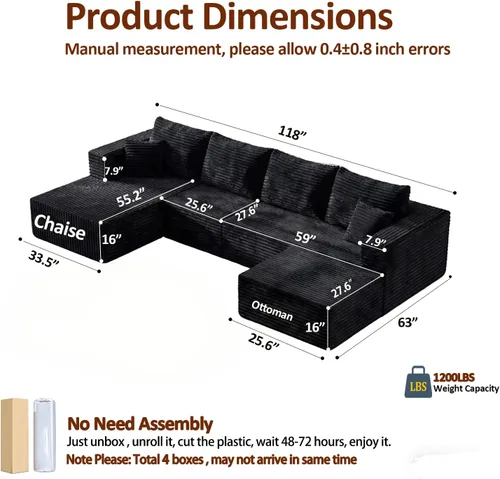 Vista 2 de Sofá modular deshuesado de 118 pulgadas con diván y otomano de pana de gran tamaño en forma de U, sofá de nube para asiento profundo para sala