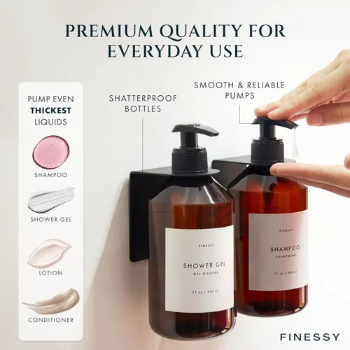 Vista 4 de FINESSY Botellas de Pared con Bomba Dispensadoras Recargables de Champú y Acondicionador, Dispensador de Jabón y Champú para Baño y Ducha de 3