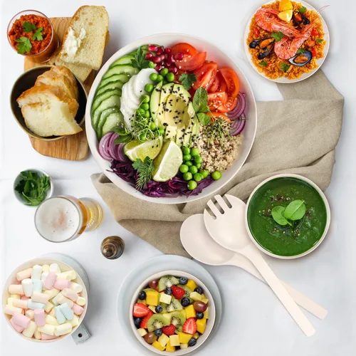 Vista 6 de ShineMe Juego de Ensaladera, Ensaladera Grande de 9.8 Pulgadas con Tapa, Ensaladera de Bambú con Juego de 4 Cuencos Pequeños para Snacks y Blanco
