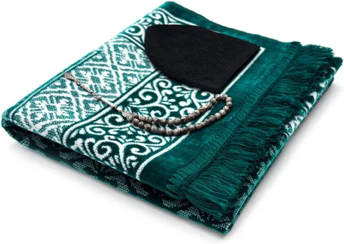 Vista 8 de ESERRA Juego de alfombrillas de oración de terciopelo todo en uno para el Islam, alfombra gruesa de oración musulmana, sombrero Kufi negro, piedra