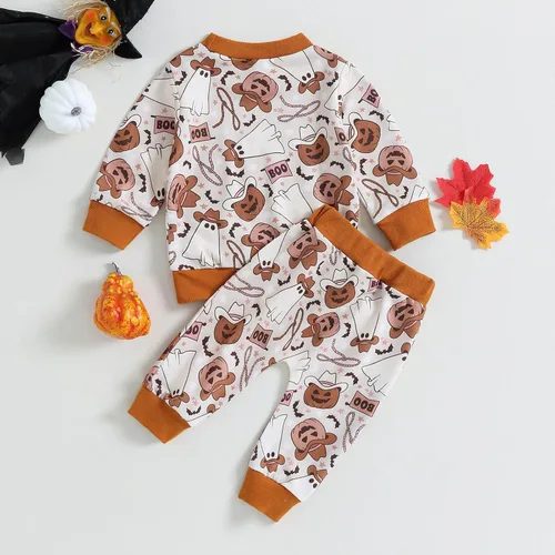Vista 3 de Conjunto de sudadera de calabaza para niñas pequeñas de Halloween y pantalones cálidos, ropa de otoño e invierno