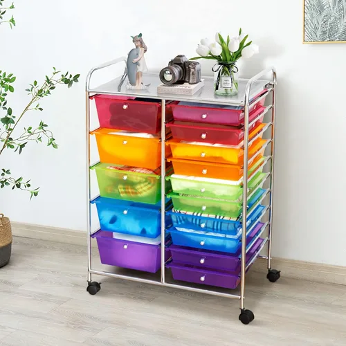 Vista 19 de DREAMADE Carrito de almacenamiento con ruedas de 15 cajones, carrito de manualidades móvil con ruedas con cerradura, cajones de plástico extraíbles