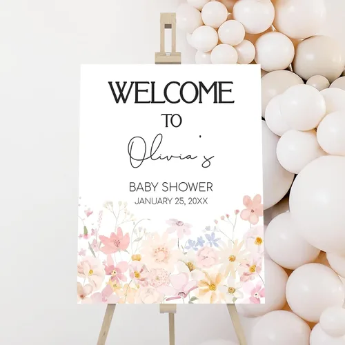 Vista 27 de Letrero de bienvenida personalizado de flores silvestres para baby shower, letrero floral bohemio para baby shower, letrero con nombre personalizado