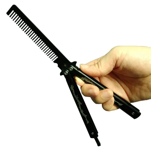 Vista 5 de cuchillo mariposa de acero inoxidable con tótem de dragón, entrenador con peine (negro)
