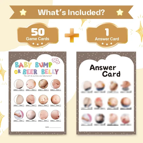 Vista 2 de OLOUTAB Juegos de Baby Shower para Niño o Niña - Juego de Vientre de Cerveza o Barriga de Bebé (50 Tarjetas), De Género Neutral, Papel Grueso