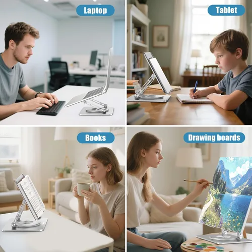 Vista 4 de Soporte para computadora portátil para escritorio, altura y ángulo ajustables, elevador portátil de aluminio para laptop y soporte para monitor
