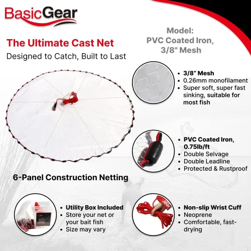 Vista 2 de BasicGear Red de Atarraya Radio de 3-12 pies, malla de 3/8 o 1/4 pulgadas para peces de cebo de agua dulce y salada Grado profesional