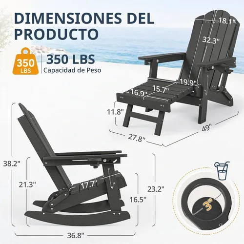 Vista 3 de LUE BONA HDPE 5-in-1 Folding Adirondack Rocking Chair, Black