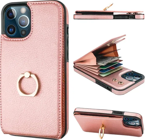 Vista 11 de Folosu Funda compatible con iPhone 12 Pro Max con soporte para tarjetas, rotación de 360°, soporte de anillo de dedo con función atril, protección
