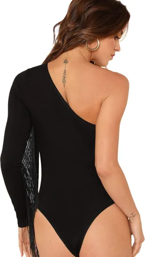 Vista 2 de VERDUSA Bodysuit de manga larga con un solo hombro y ribete de flecos para mujer