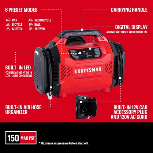 Vista 8 de CRAFTSMAN Inflador de neumáticos de doble potencia con indicador digital y apagado automático 12V DC Car Plug and 120V AC Home Use with Up to 150