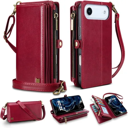 Vista 23 de Funda tipo cartera para iPhone 16 Pro Max con 8 tarjeteros, bloqueo RFID, piel sintética, función atril, abatible, correa de muñeca y correa
