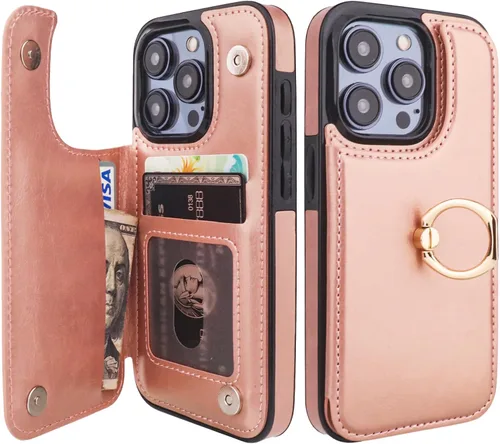 Vista 11 de ONETOP - Funda tipo cartera para iPhone 15 Pro con soporte para tarjetas, anillo de rotación de 360°, bloqueo RFID, piel sintética, doble cierre