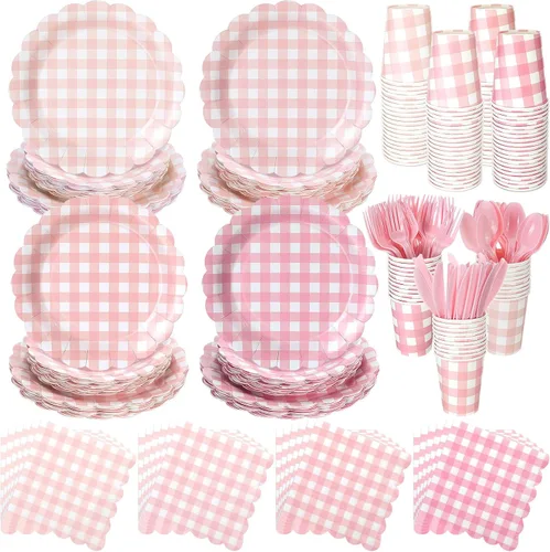 Vista 7 de Yaomiao Juego de vajilla desechable de 175 piezas de platos de papel marrón con cuchillo de plástico, cuchara, tenedor, cuchara, decoración de boda
