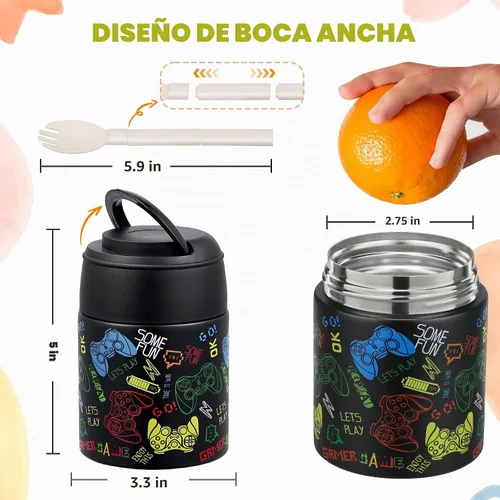Vista 3 de Termo de sopa de 10 onzas para comida caliente para niños, recipiente de comida aislado con cuchara y boca ancha, acero inoxidable, a prueba
