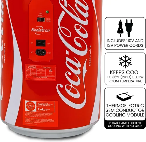 Vista 4 de Coca Cola Mini Refrigerador - Refrigerador para Dormitorio, Oficina, Enfriador de Bebidas Portátil de Mesa, Refrigerador de 12V 220V para Bebidas