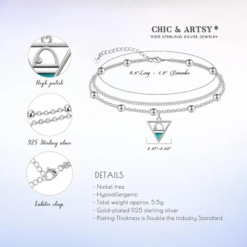 Vista 37 de CHIC & ARTSY Tobilleras de plata de ley S925 para mujer, pulsera de tobillo ajustable multicapa para playa, joyería de verano para mujer, de 10 a 11