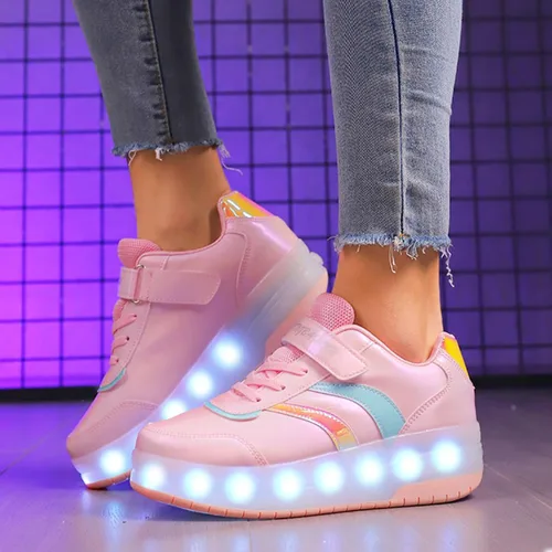 Vista 2 de Zapatos con ruedas para niños y niñas, patines, zapatillas deportivas con luz LED recargable para principiantes, el mejor regalo