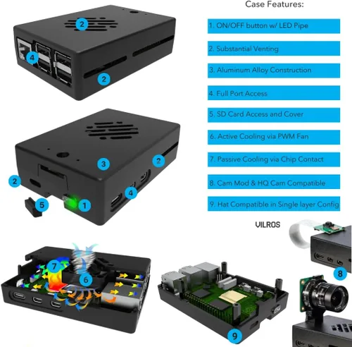 Vista 4 de Vilros Kit básico de inicio para Raspberry Pi 5 con funda de refrigeración pasiva y activa dual, incluye placa Pi 5, funda, fuente de alimentación
