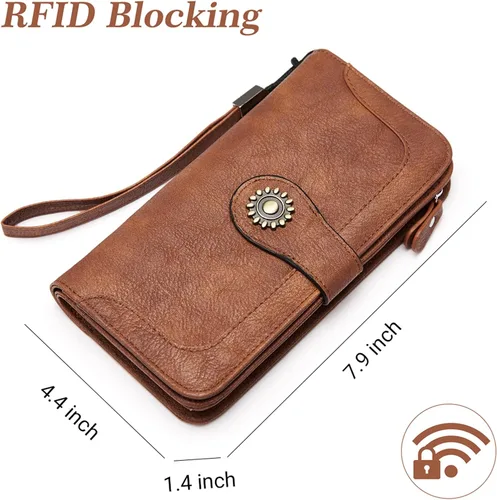 Vista 2 de BROMEN Billeteras de cuero para mujer, cartera grande de mano para teléfono, 1- marrón , Casual