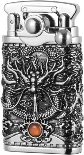Vista 9 de Dragón chino Tipo antiguo Llama suave balancín brazo queroseno encendedor (dorado)