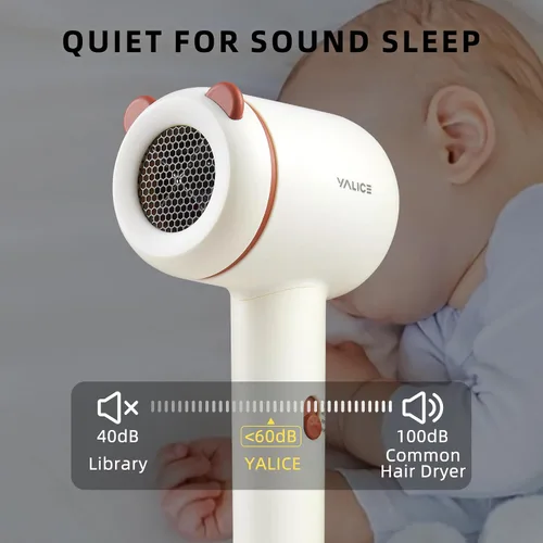 Vista 4 de YALICE Secador de pelo para niños, secador de pelo pequeño de viaje para niños, mini secador iónico silencioso para niños con enchufe de seguridad