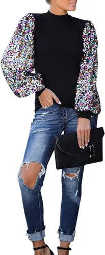 Vista 6 de Anna-Kaci Sudadera de manga larga con cuello alto falso y lentejuelas para mujer