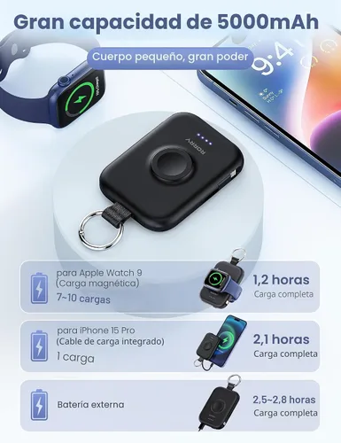 Vista 3 de RORRY Cargador portátil, batería externa portátil de 5000 mAh con cables integrados, paquete de batería en llavero de viaje para Apple Watch Negro