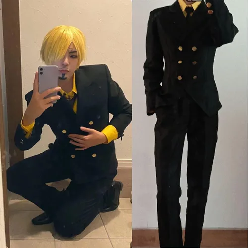 Vista 4 de Disfraz de anime de chef Sanji Cosplay negro vestido de traje de Halloween con peluca