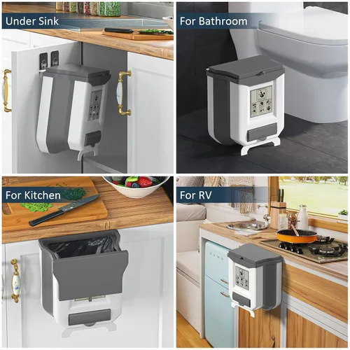 Vista 6 de HI NINGER Bote de basura pequeño con tapa, blanco grisáceo, 2.4 galones, plegable, sello de olor, cubo de compost de cocina, colgante, portátil