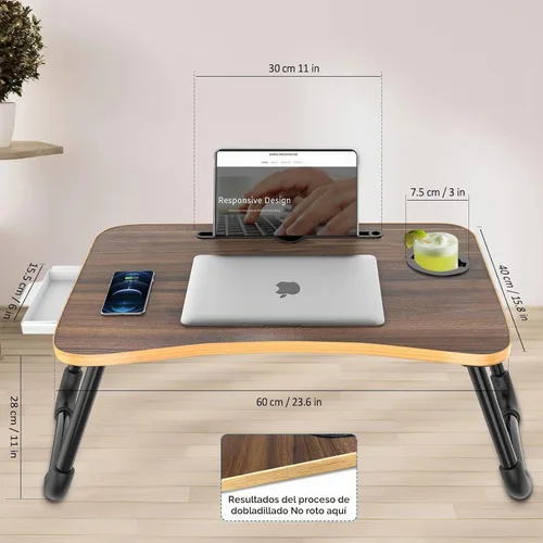 Vista 5 de Zapuno Mesa de cama plegable para laptop, mesa multifunción con cajón de almacenamiento y soporte para botella de agua, bandeja de servir mesa