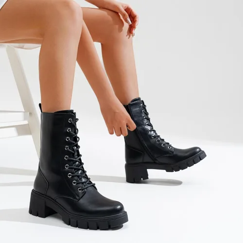Vista 5 de Vepose Botas de combate hasta media pantorrilla para mujer con cordones elásticos de plataforma gruesa con cremallera lateral