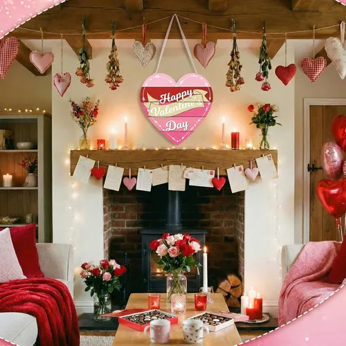 Vista 5 de Jetec Letrero de puerta para el día de San Valentín de doble cara con corazón de feliz día de San Valentín, búfalo a cuadros rústicos de casa